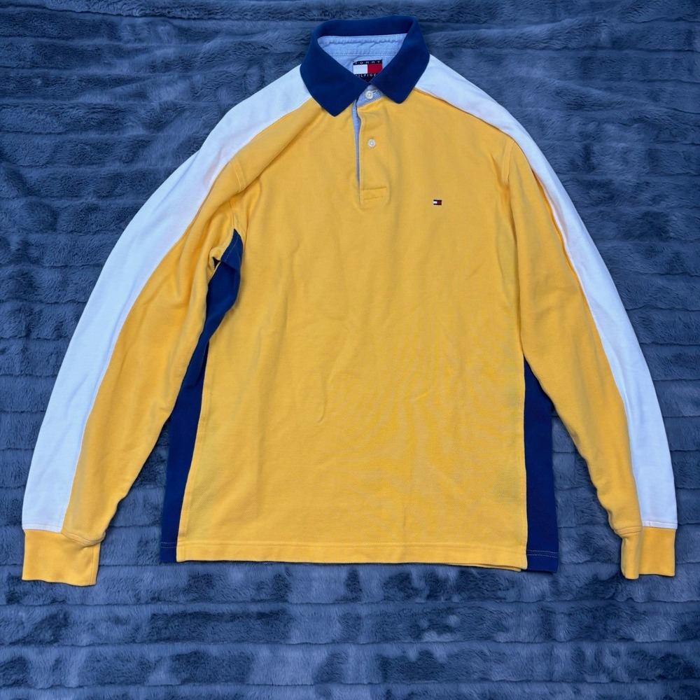 Tommy Hilfiger Mens Long Sleeve Polo Shirt Yellow Blue Colorblock Pique Small